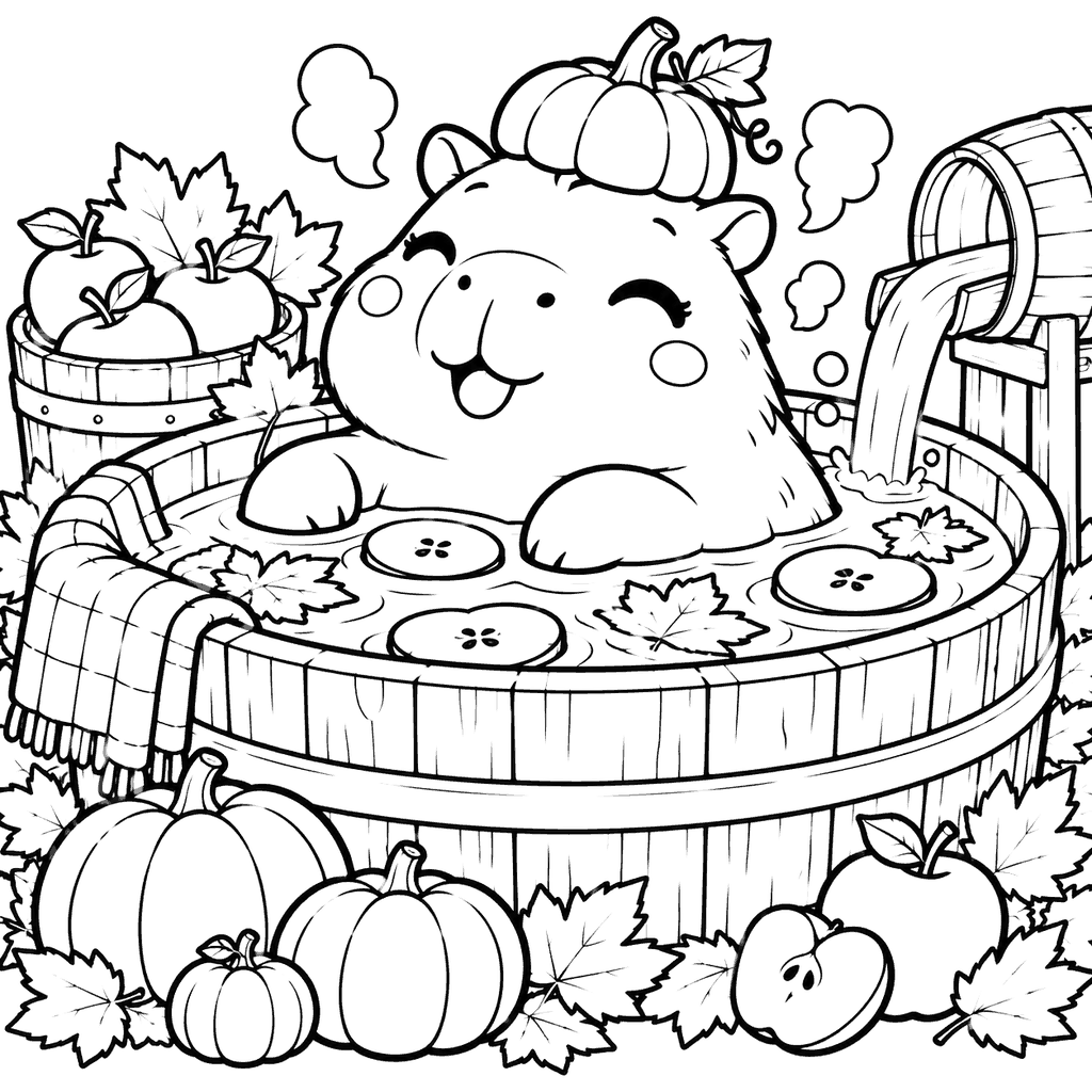 Thanksgiving coloring page of a capybara relaxing in a tub of apple cider with apple slices
