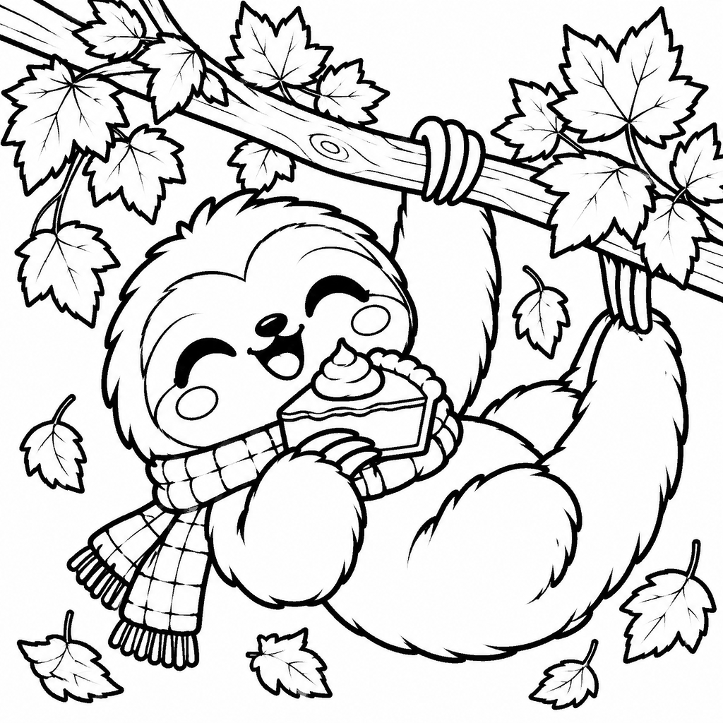 Thanksgiving coloring page of a sloth hanging from a branch eating a slice of pumpkin pie