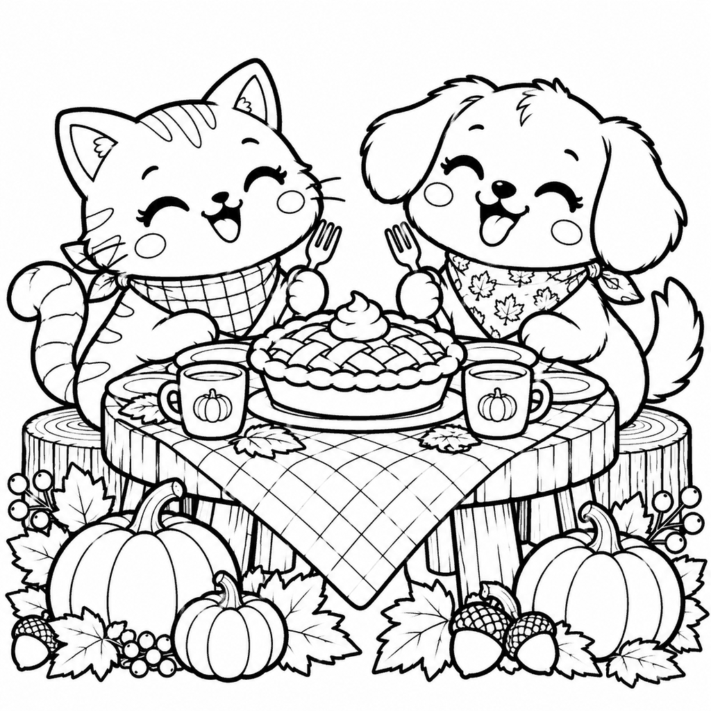 Thanksgiving coloring page of a cat and a dog sharing a pie at a little picnic table