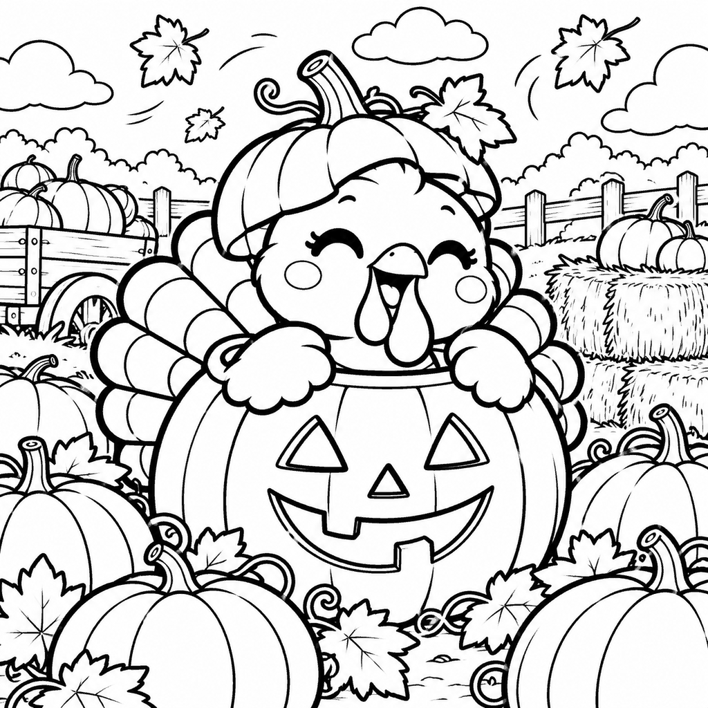 Thanksgiving coloring page of a cute turkey peeking out of a carved pumpkin in a pumpkin patch