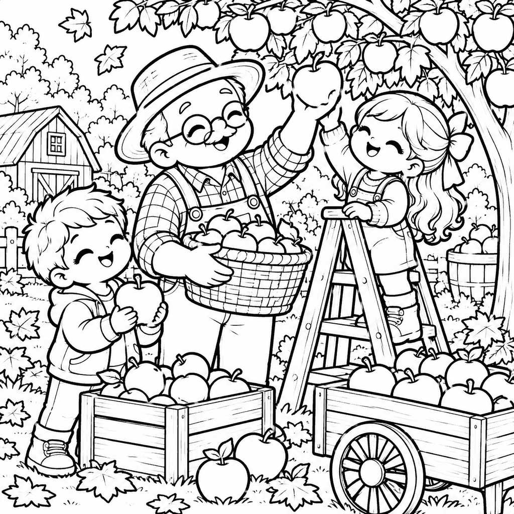 Thanksgiving coloring page of a grandpa and grandchildren picking apples in an orchard