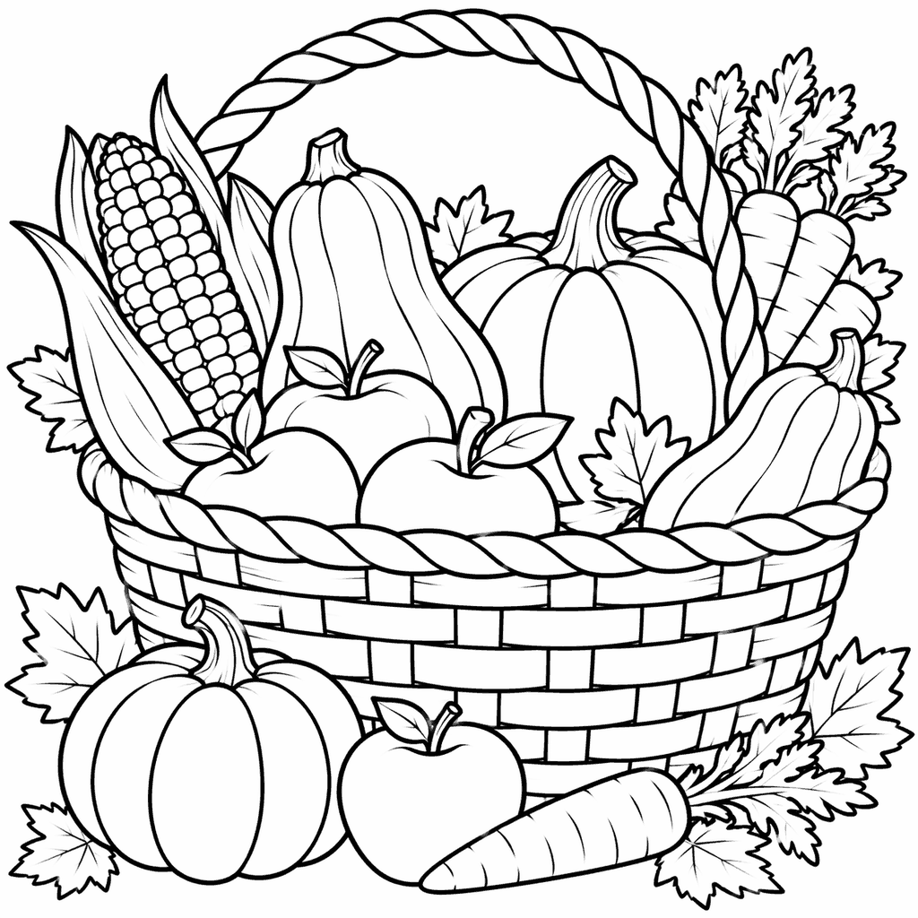 Thanksgiving coloring page of a woven harvest basket with corn, squash and a pumpkin