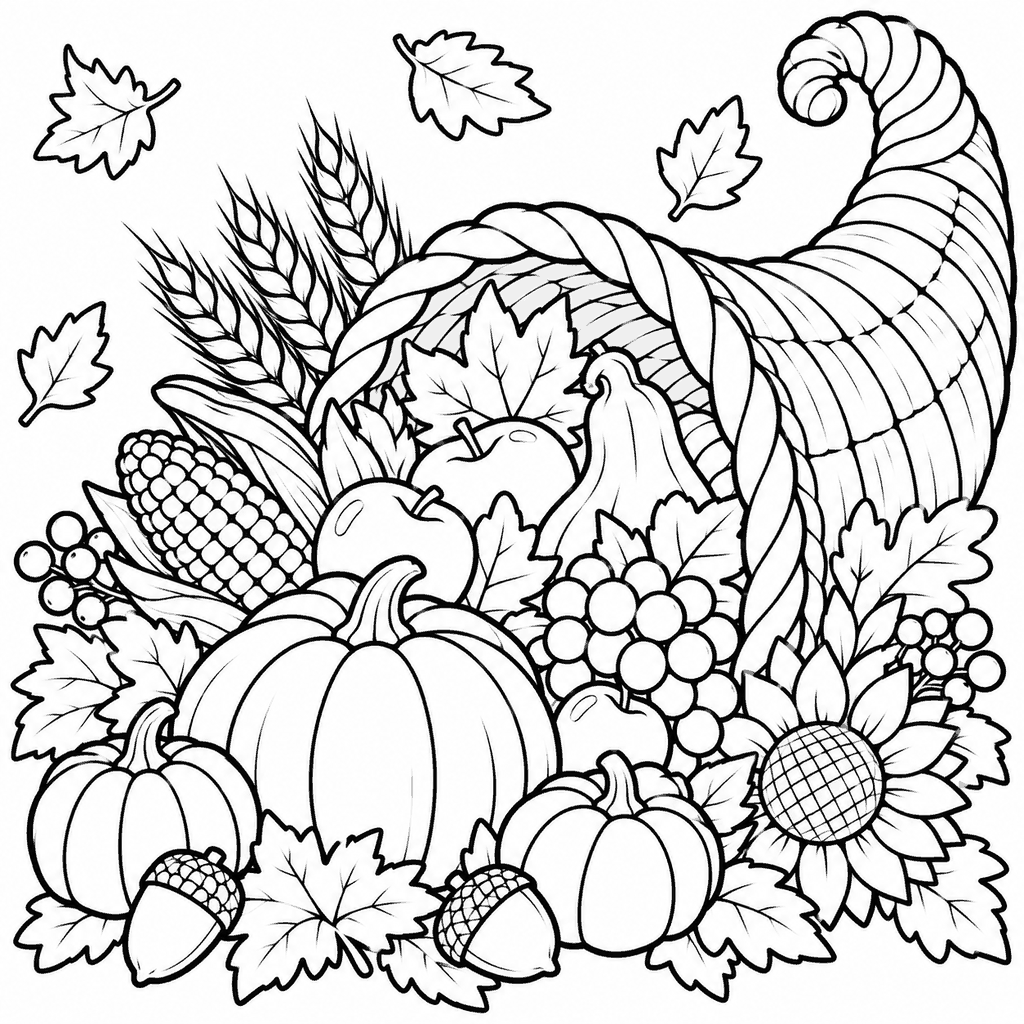 Thanksgiving coloring page of a cornucopia overflowing with pumpkins, corn and wheat