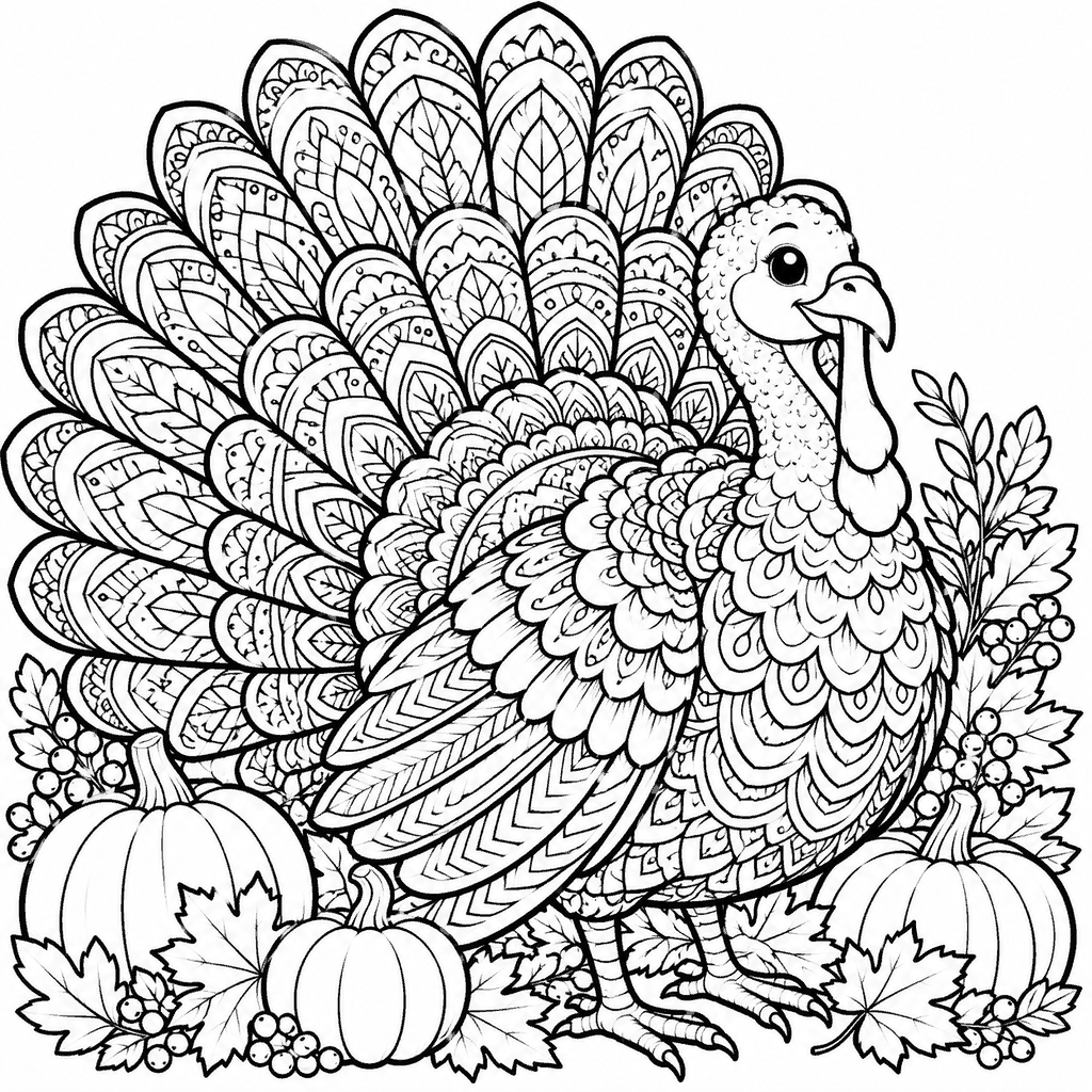 Thanksgiving coloring page of a turkey with every feather filled with zentangle patterns