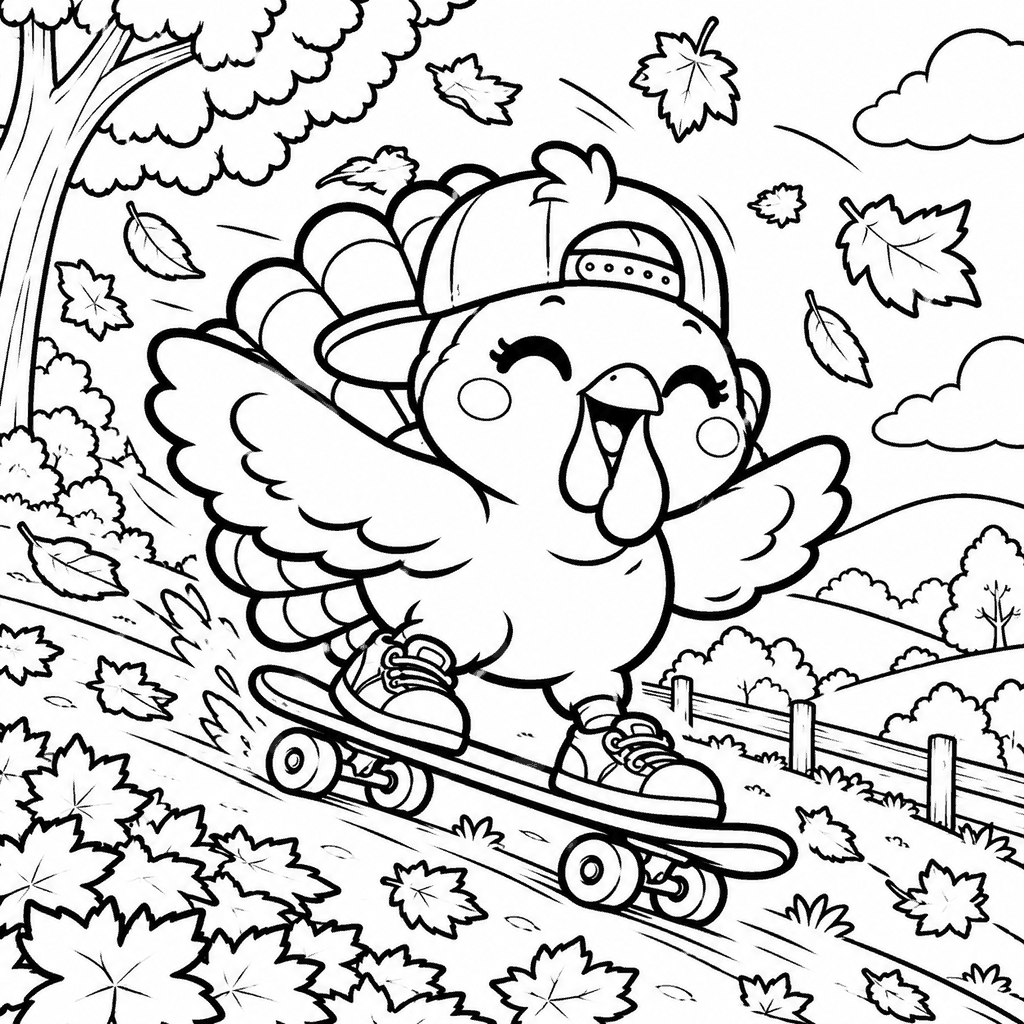 Thanksgiving coloring page of a happy turkey skateboarding through falling autumn leaves