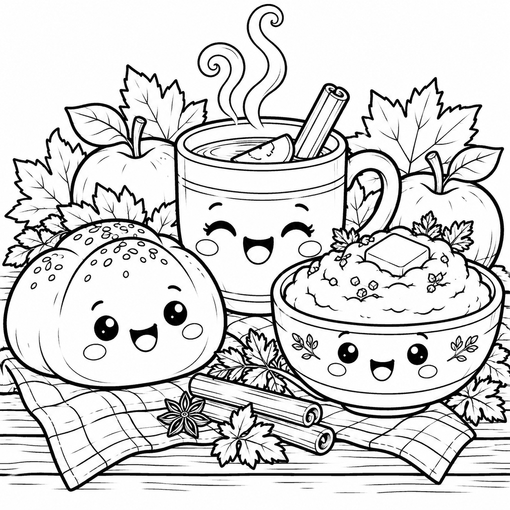 Thanksgiving coloring page of a smiling bread roll, cup of apple cider and bowl of mashed potatoes