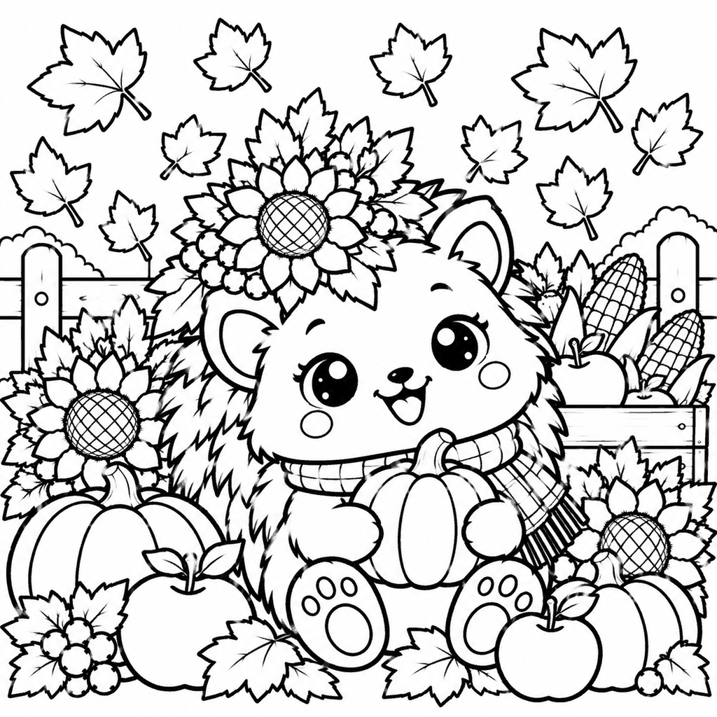 Thanksgiving coloring page of a cute hedgehog with a sunflower crown and apples