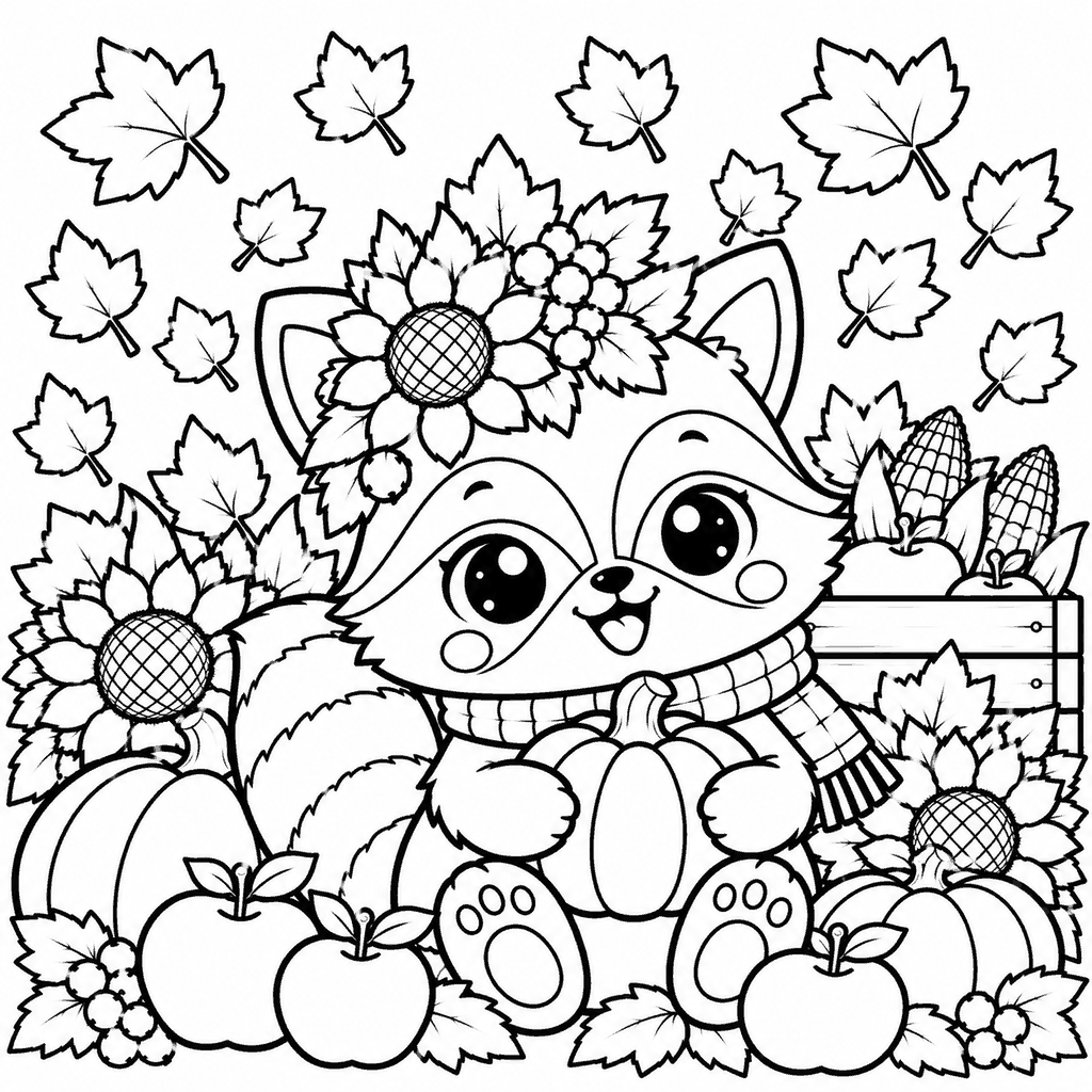 Thanksgiving coloring page of a kawaii raccoon with a sunflower crown and apples