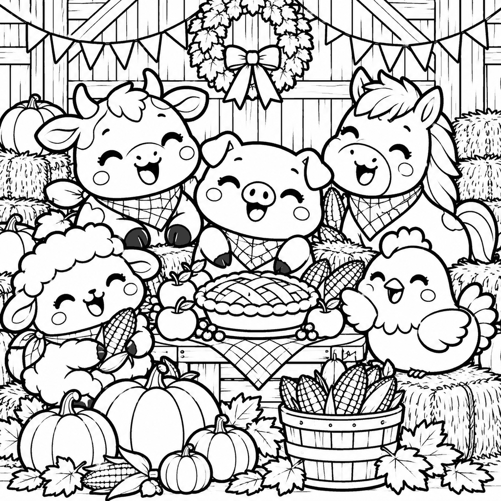 Thanksgiving coloring page of farm animals celebrating a harvest party in a barn