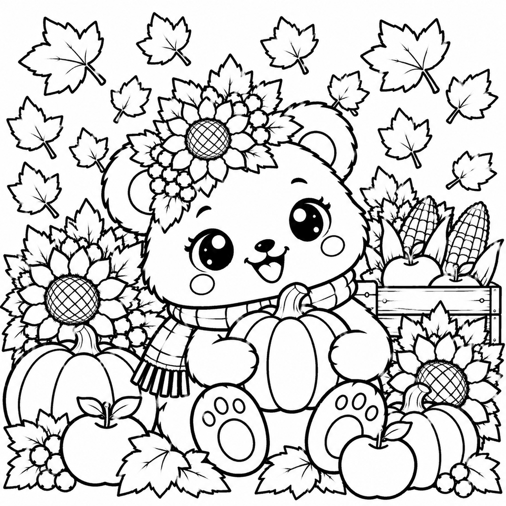 Thanksgiving coloring page of a kawaii bear cub with a sunflower crown and pumpkins