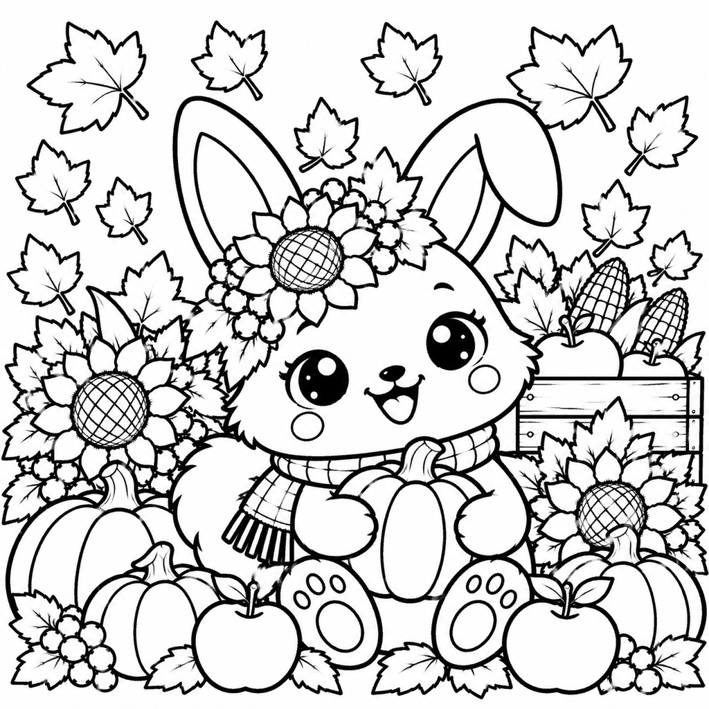 Thanksgiving coloring page of a cute bunny with a sunflower crown in an autumn harvest