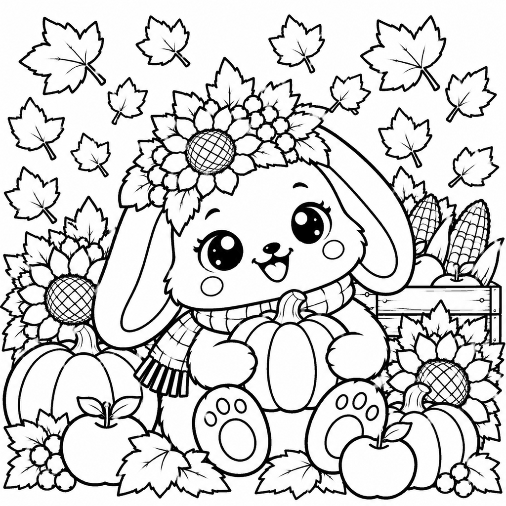 Thanksgiving coloring page of a kawaii bunny with floppy ears among pumpkins and apples