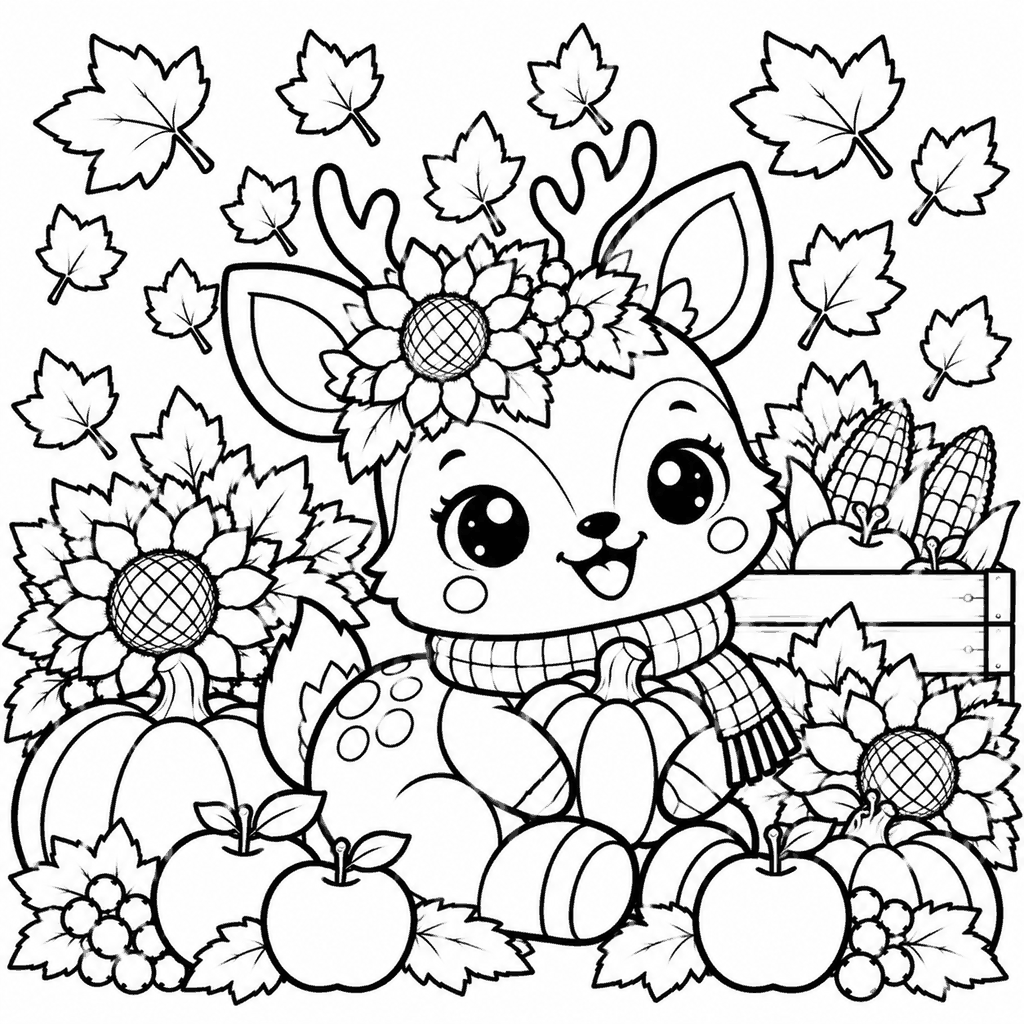 Thanksgiving coloring page of a kawaii fawn with a sunflower crown and pumpkins