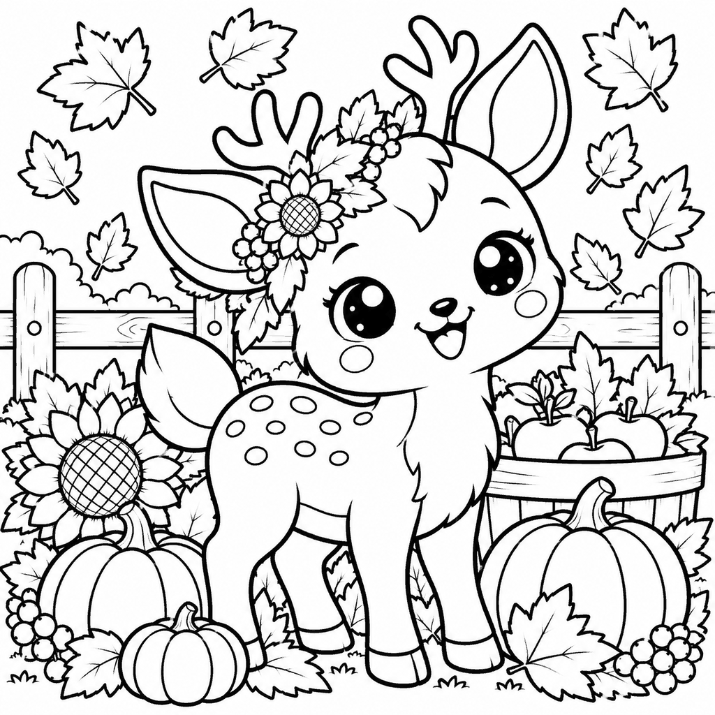 Thanksgiving coloring page of a kawaii fawn with a scarf in an autumn pumpkin patch