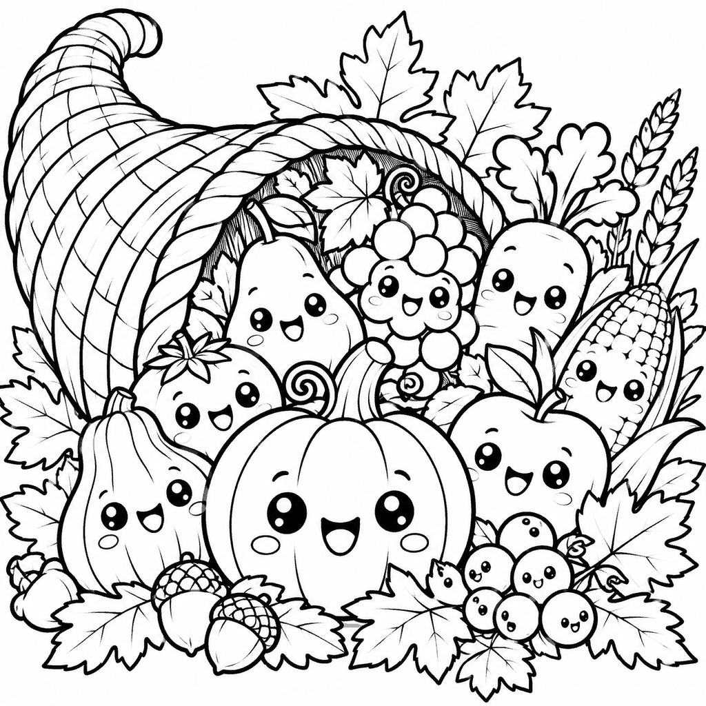 Thanksgiving coloring page of a kawaii cornucopia with smiling fruits and vegetables