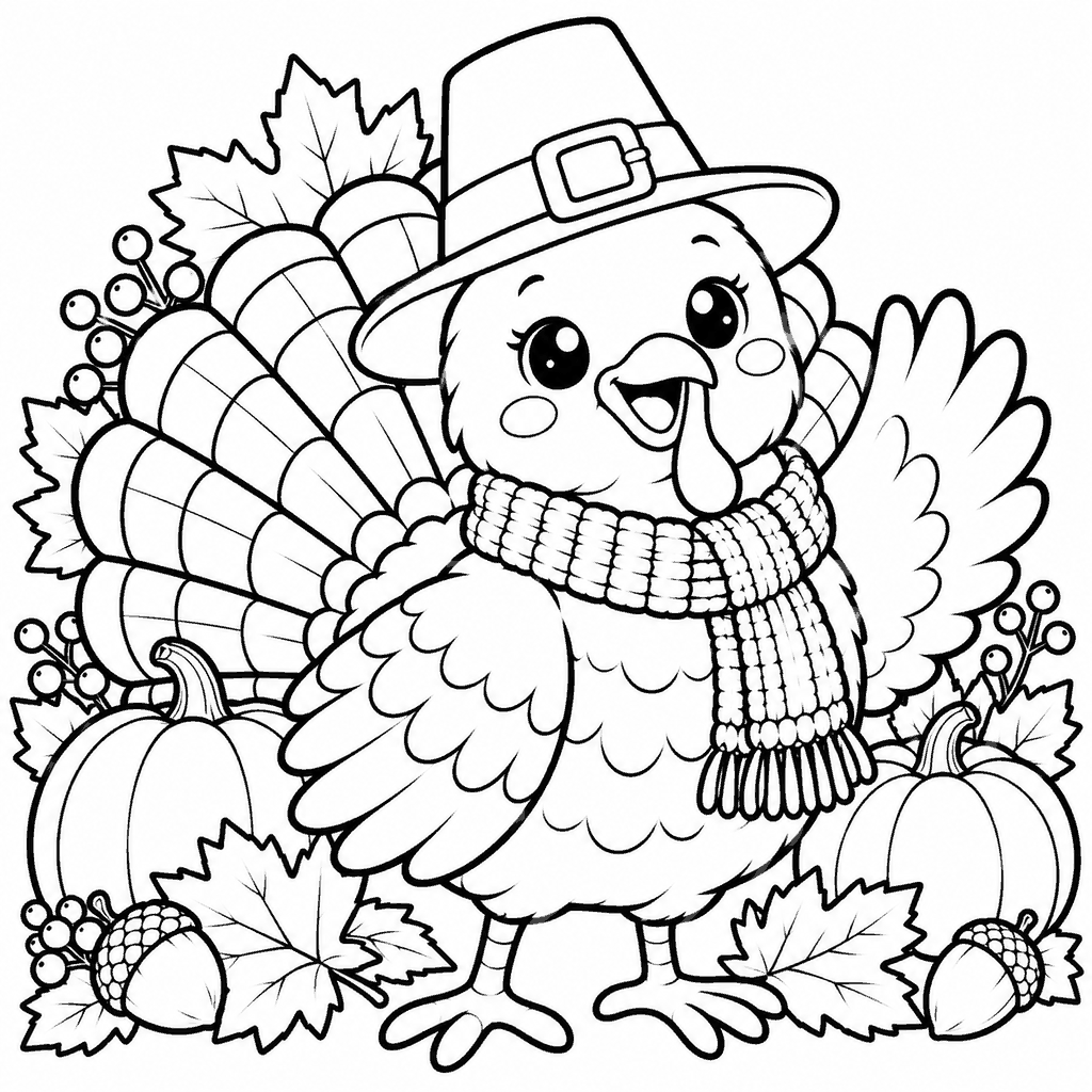 Thanksgiving coloring page of a kawaii turkey in a pilgrim hat and scarf waving hello