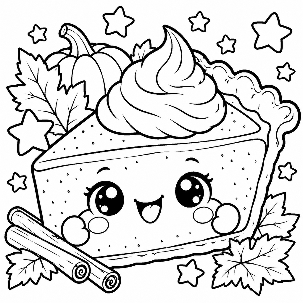 Thanksgiving coloring page of a smiling slice of pumpkin pie with whipped cream and stars