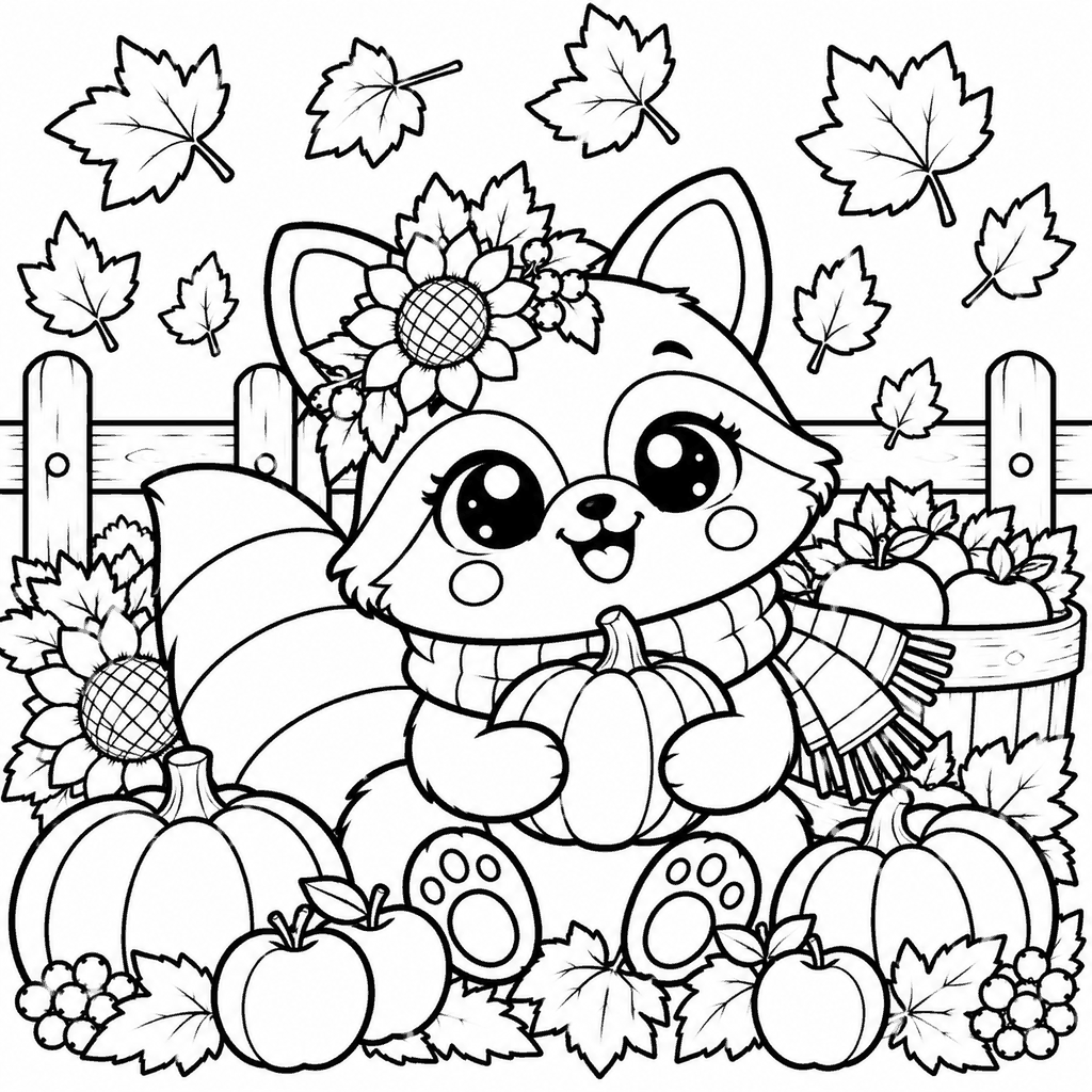 Thanksgiving coloring page of a cute raccoon holding a pumpkin in an autumn harvest