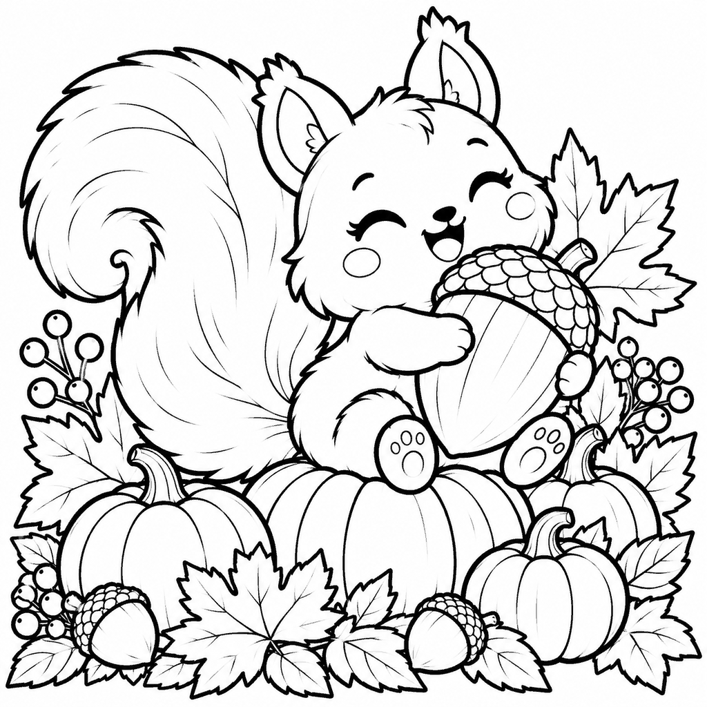 Thanksgiving coloring page of a kawaii squirrel hugging a big acorn on a stack of pumpkins