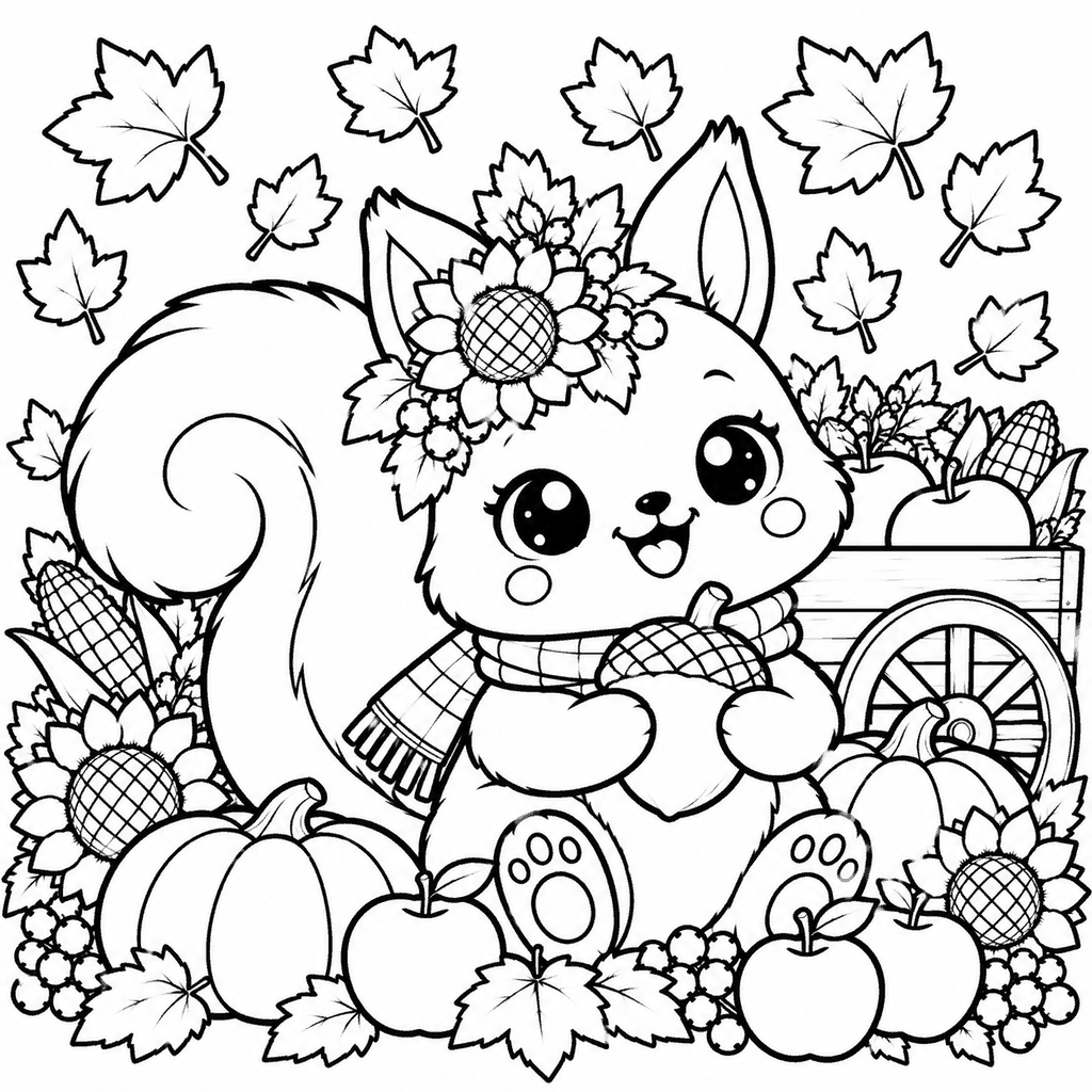 Thanksgiving coloring page of a cute squirrel holding a nut beside a harvest cart