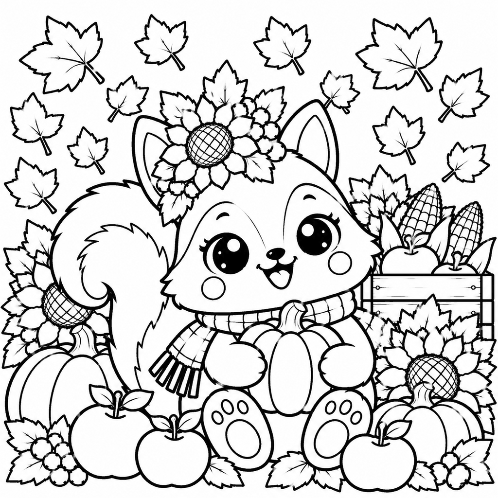 Thanksgiving coloring page of a kawaii squirrel with a scarf and a fluffy tail among pumpkins