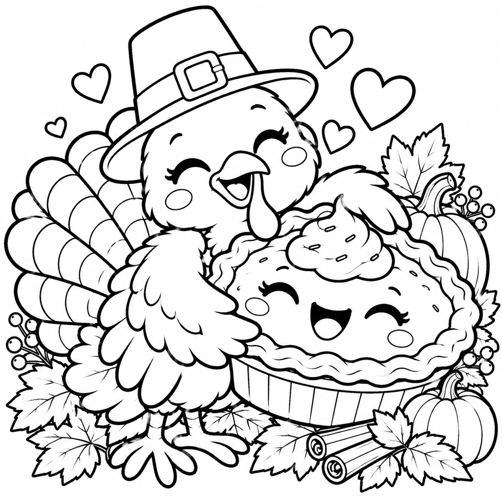 Thanksgiving coloring page of a cute turkey hugging a smiling pumpkin pie with hearts around
