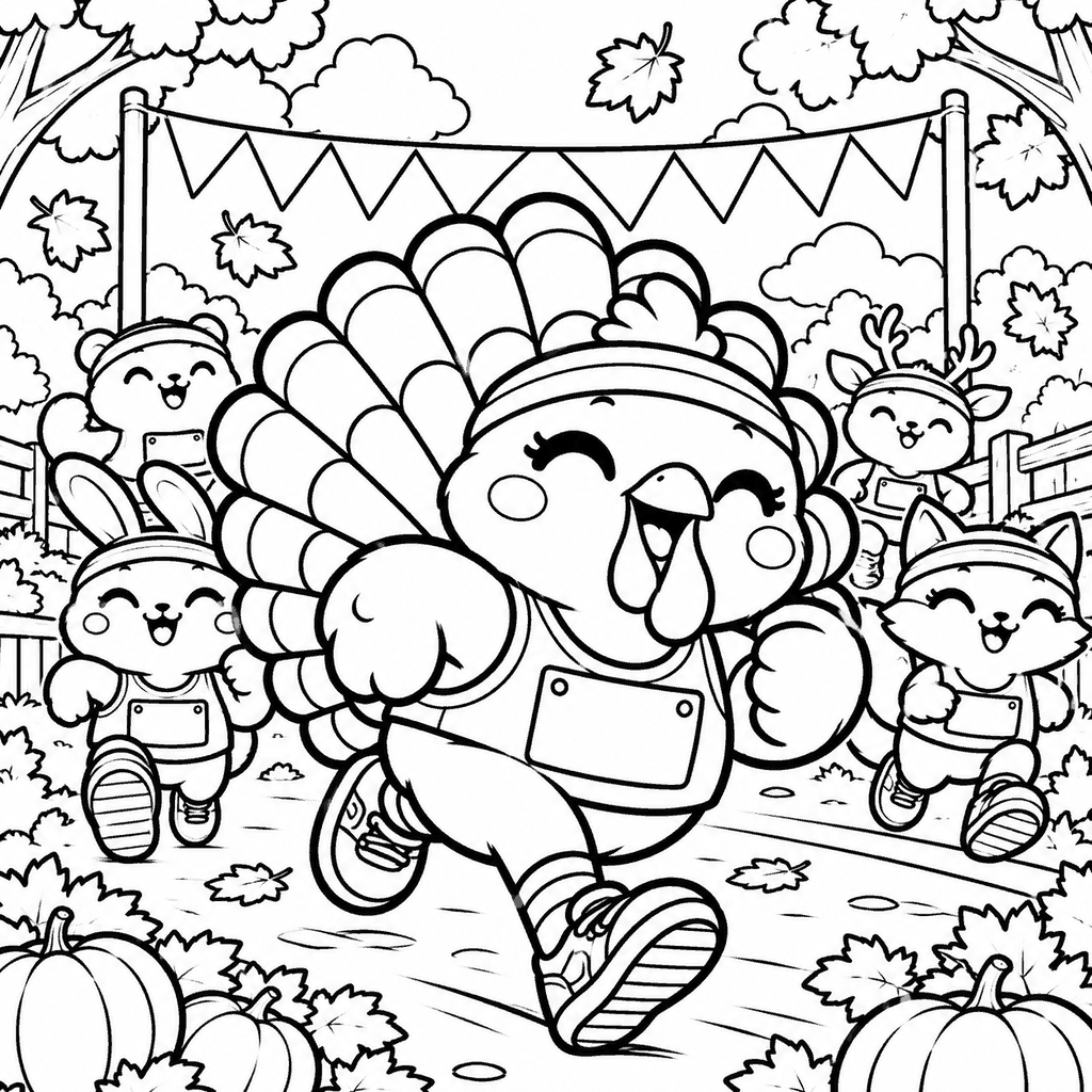 Thanksgiving coloring page of a cute turkey running a turkey trot race with animal friends