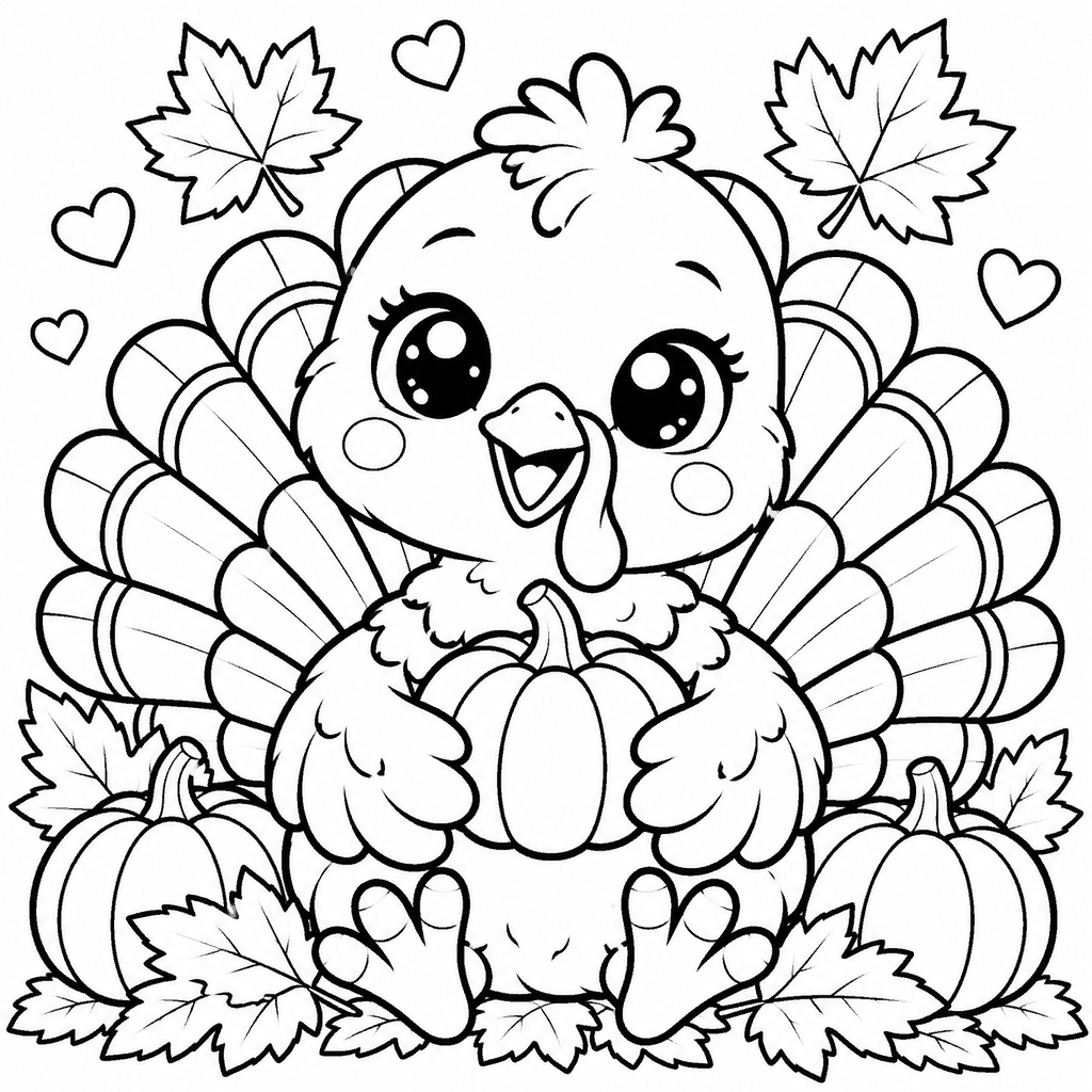Thanksgiving coloring page of a kawaii turkey in a pilgrim hat with a bow tie and pumpkins