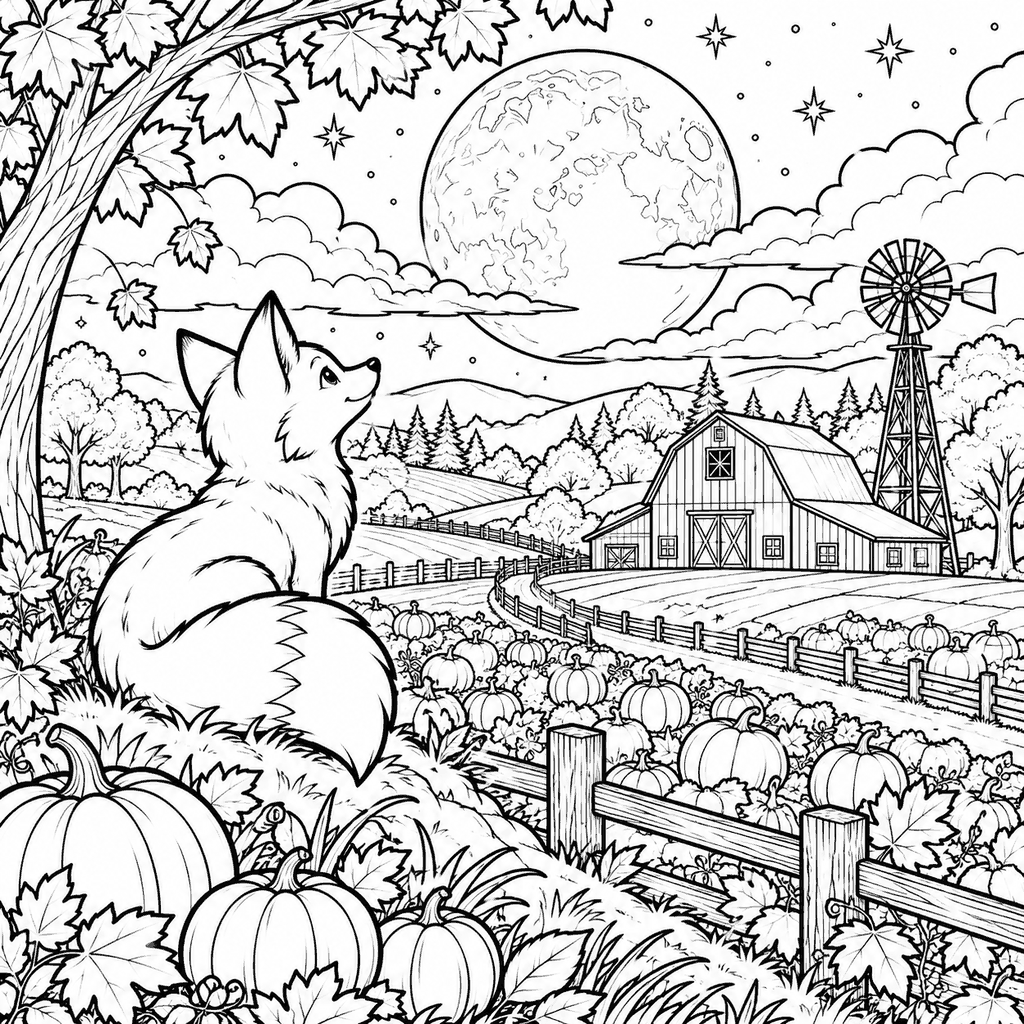 Thanksgiving coloring page of a harvest moon over a farm with a barn, windmill and a fox