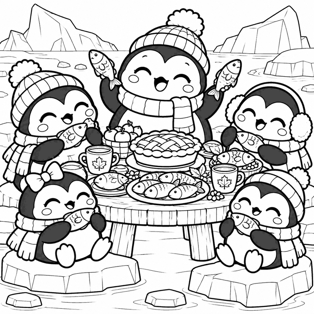 Thanksgiving coloring page of penguins in hats and scarves sharing a feast on the ice