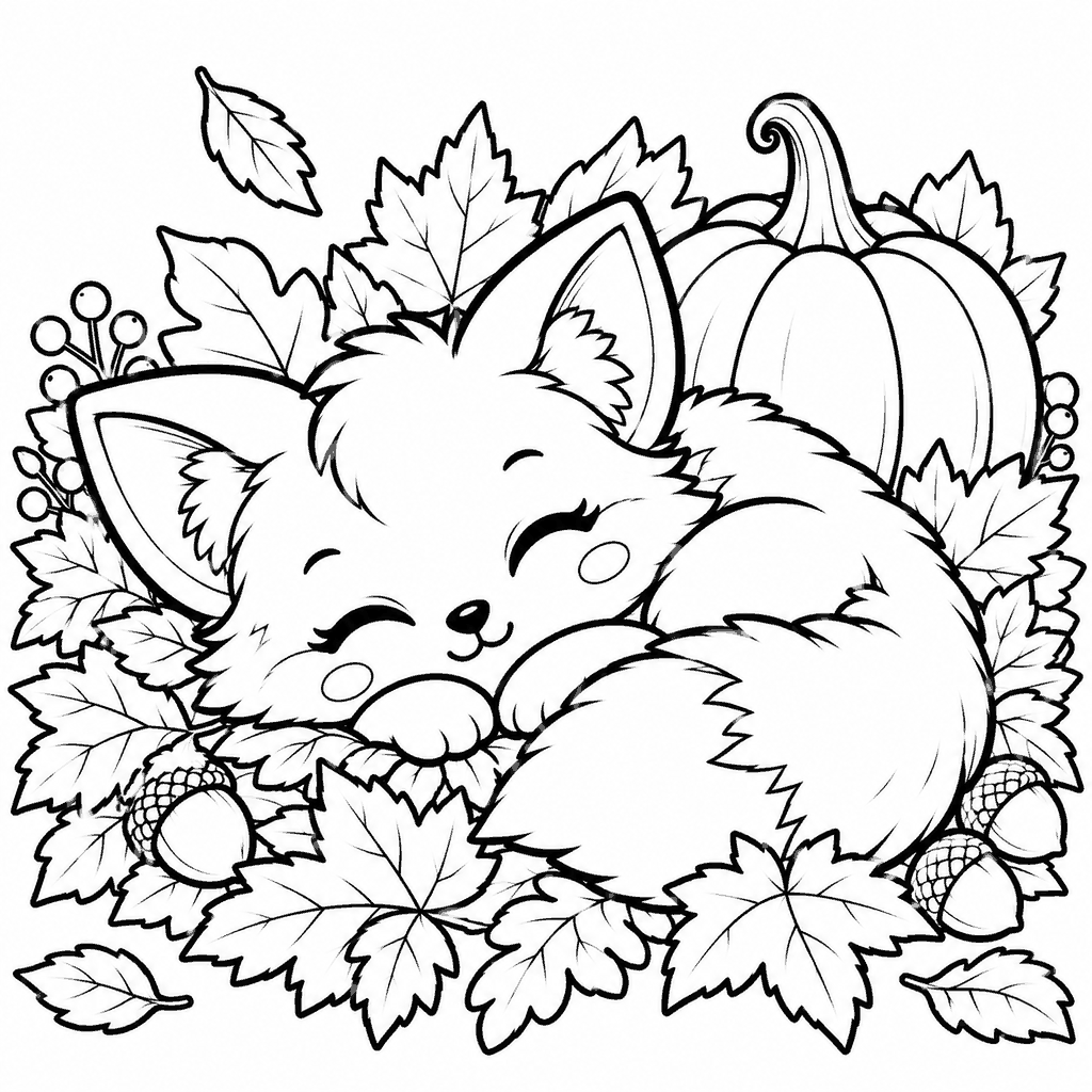 Thanksgiving coloring page of a baby fox asleep in a pile of autumn leaves by a pumpkin