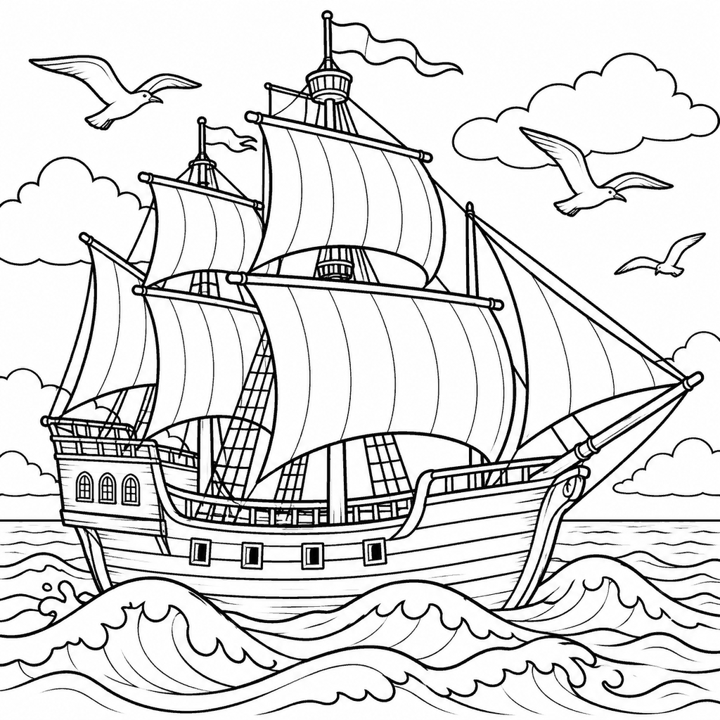 Thanksgiving coloring page of a tall sailing ship on ocean waves with seagulls