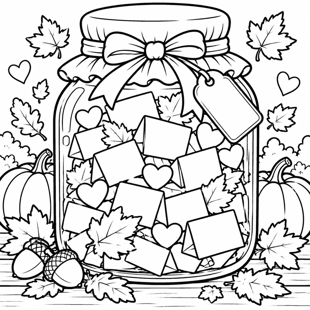 Thanksgiving coloring page of a gratitude jar filled with paper notes and hearts