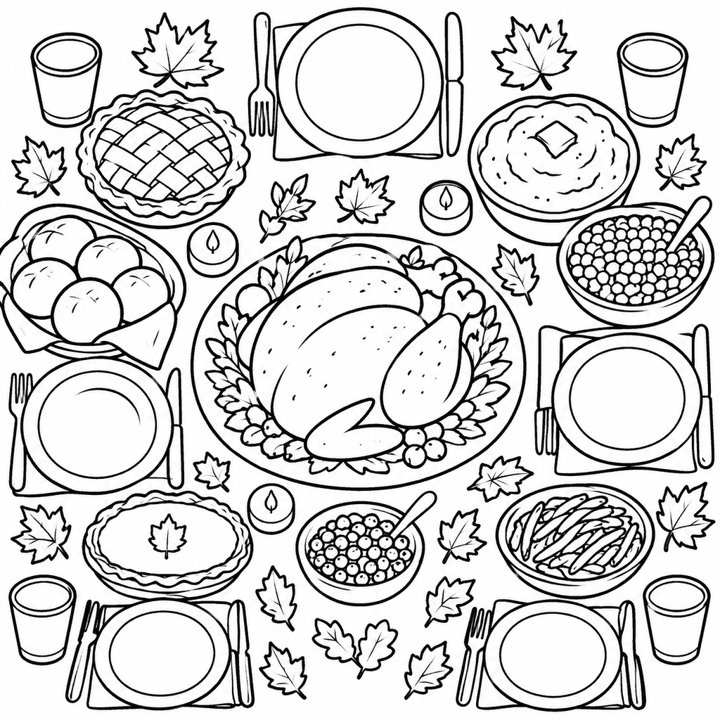 Thanksgiving coloring page of a Thanksgiving dinner table seen from above with turkey and pies