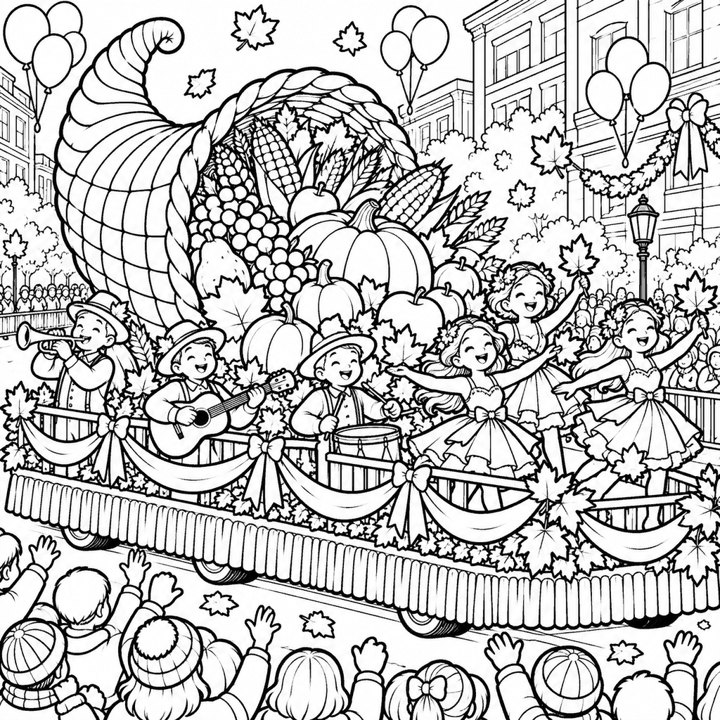 Thanksgiving coloring page of a parade float shaped like a giant cornucopia