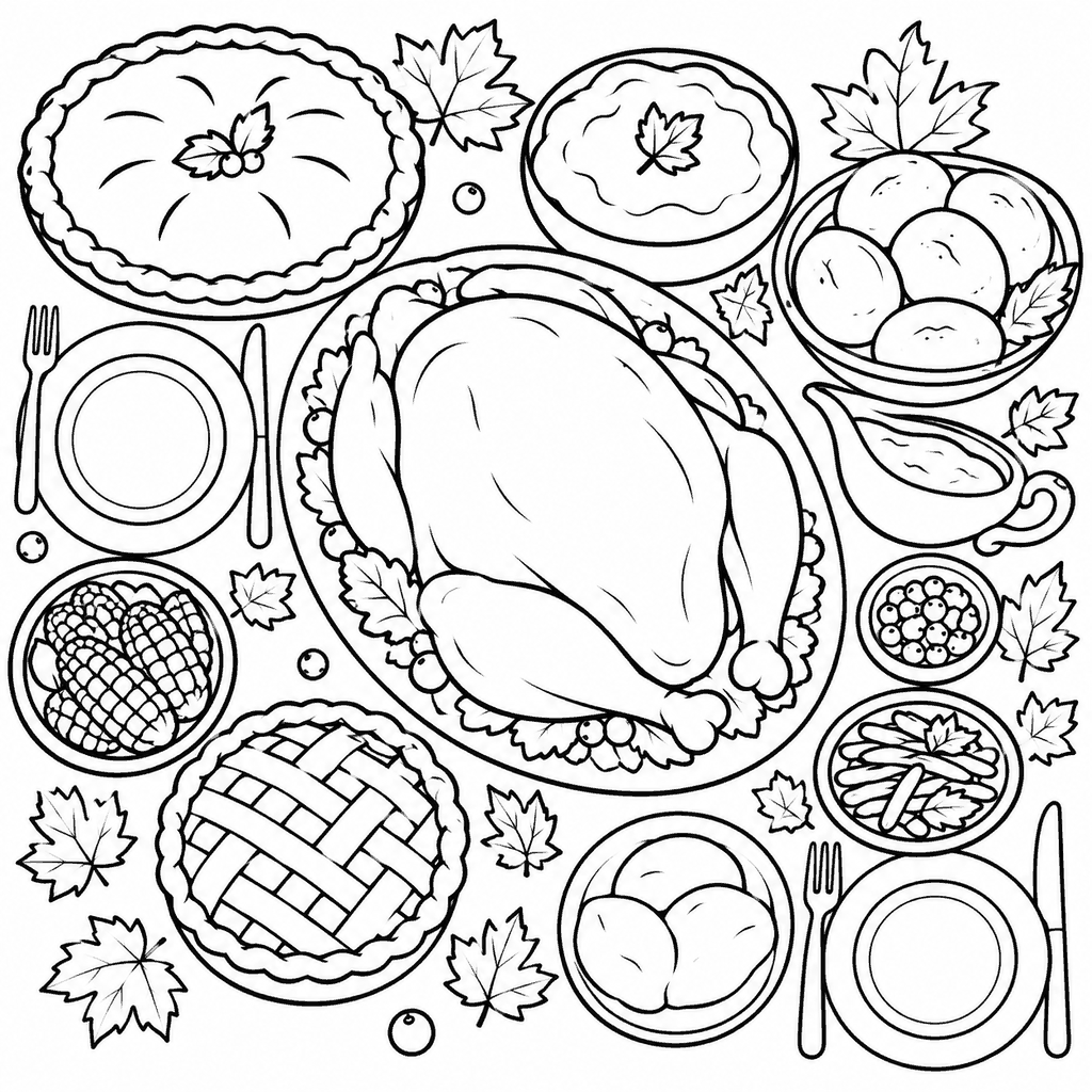 Thanksgiving coloring page of a Thanksgiving feast table with roast turkey, pies and side dishes