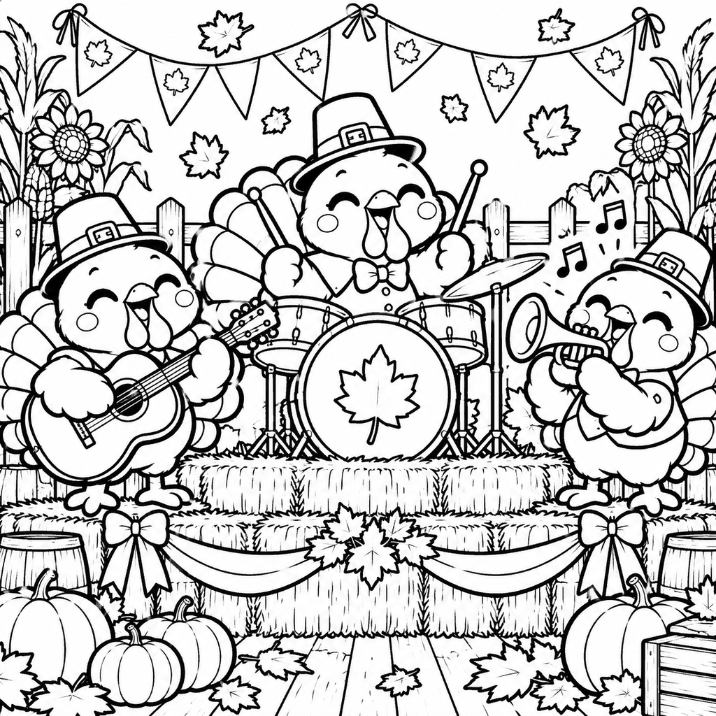 Thanksgiving coloring page of a turkey band playing guitar, drums and trumpet on a hay-bale stage