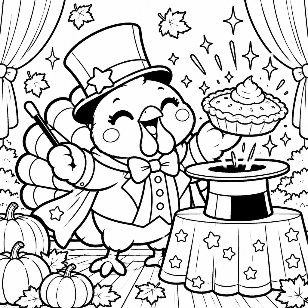 Thanksgiving coloring page of a magician turkey pulling a pie out of a top hat