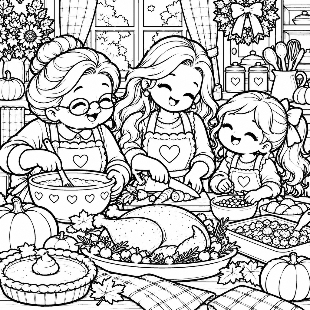 Thanksgiving coloring page of grandma, mom and daughter cooking Thanksgiving dinner together