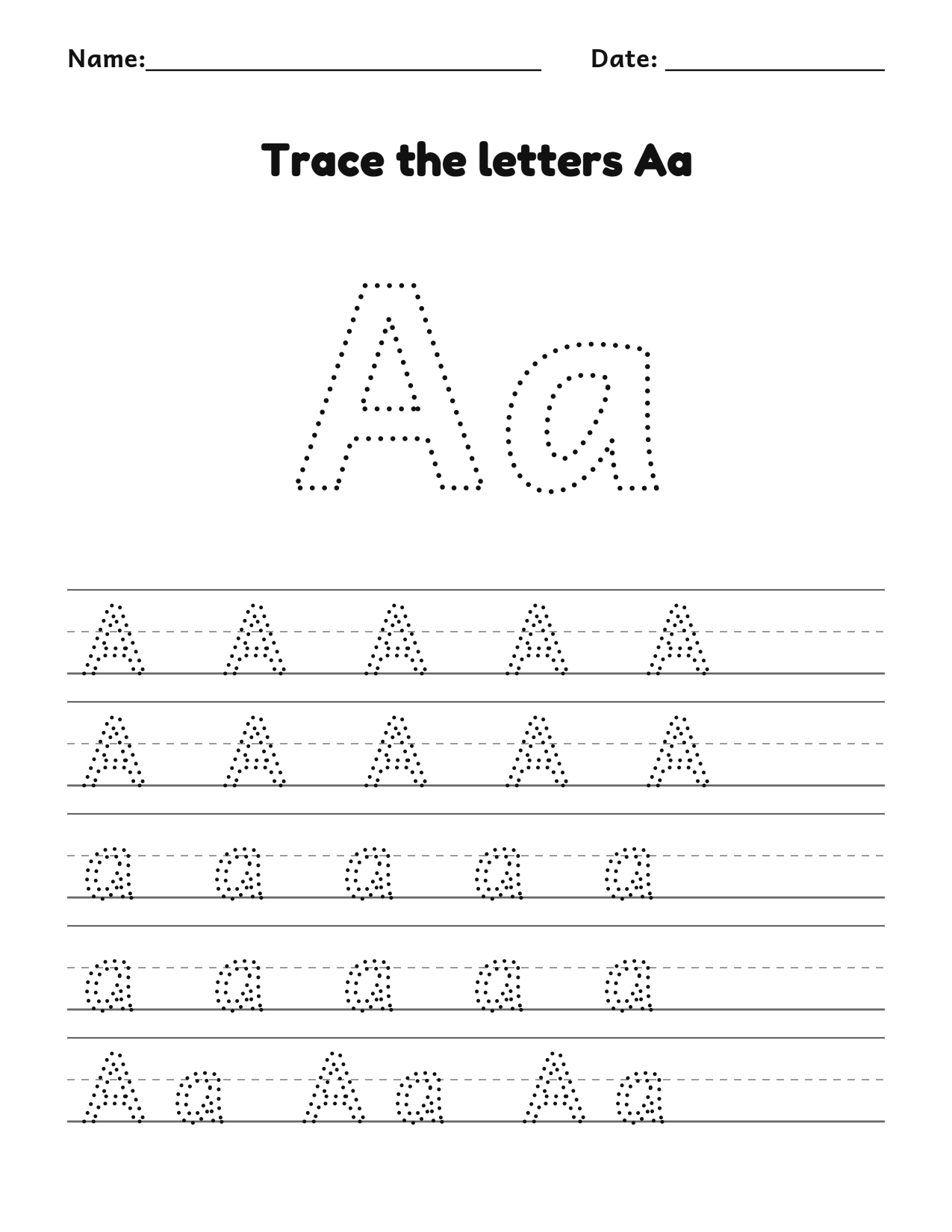Trace the letters Aa worksheet with uppercase and lowercase writing lines