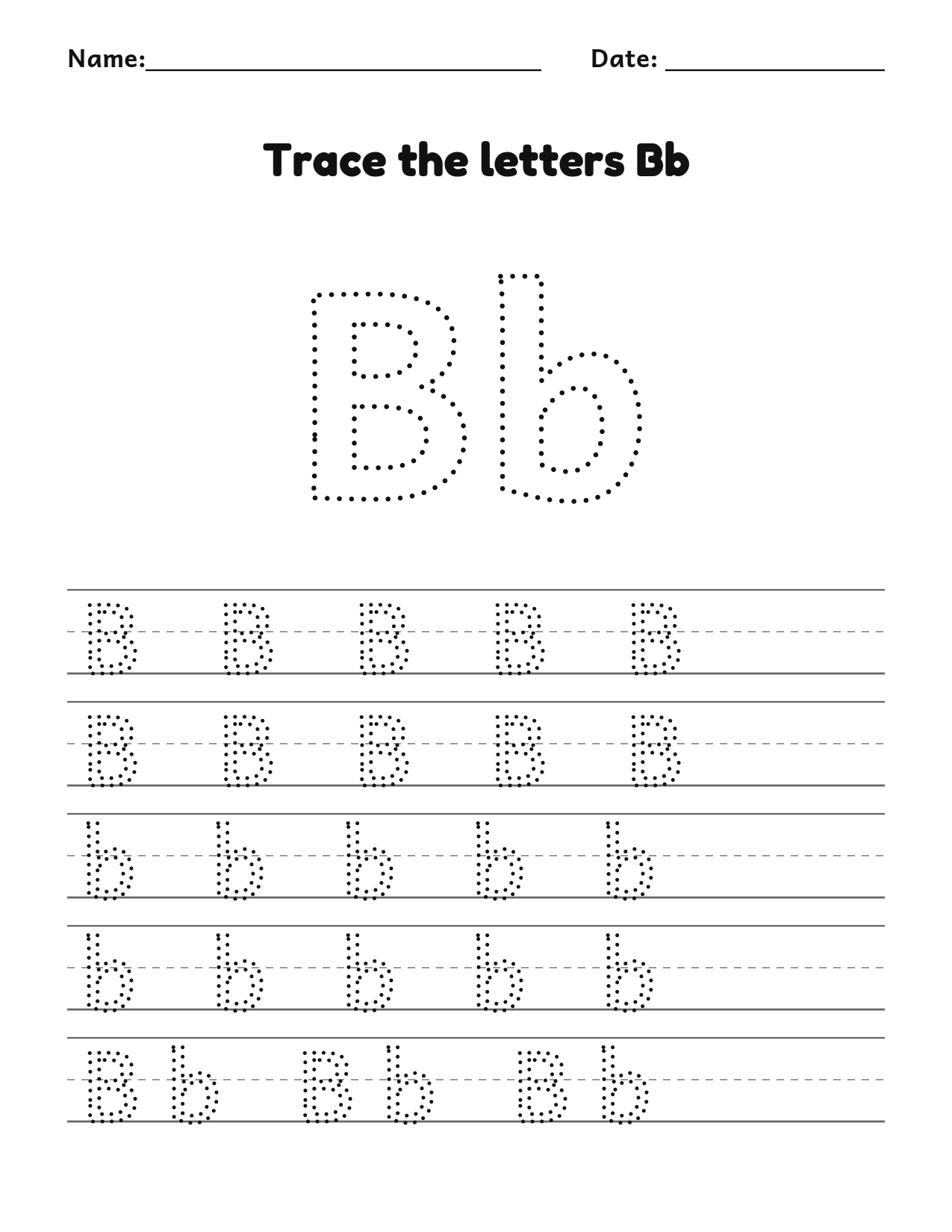 Trace the letters Bb worksheet with uppercase and lowercase writing lines