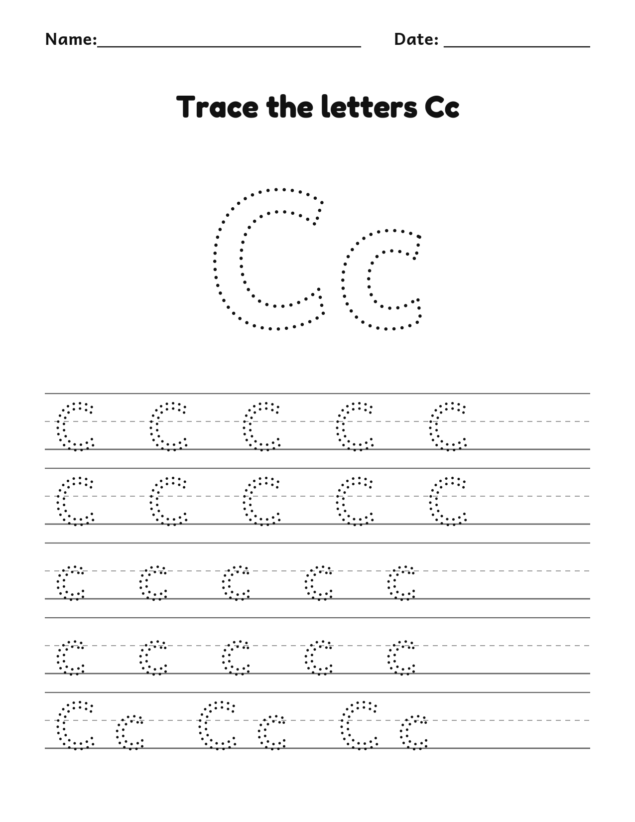 Trace the letters Cc worksheet with uppercase and lowercase writing lines