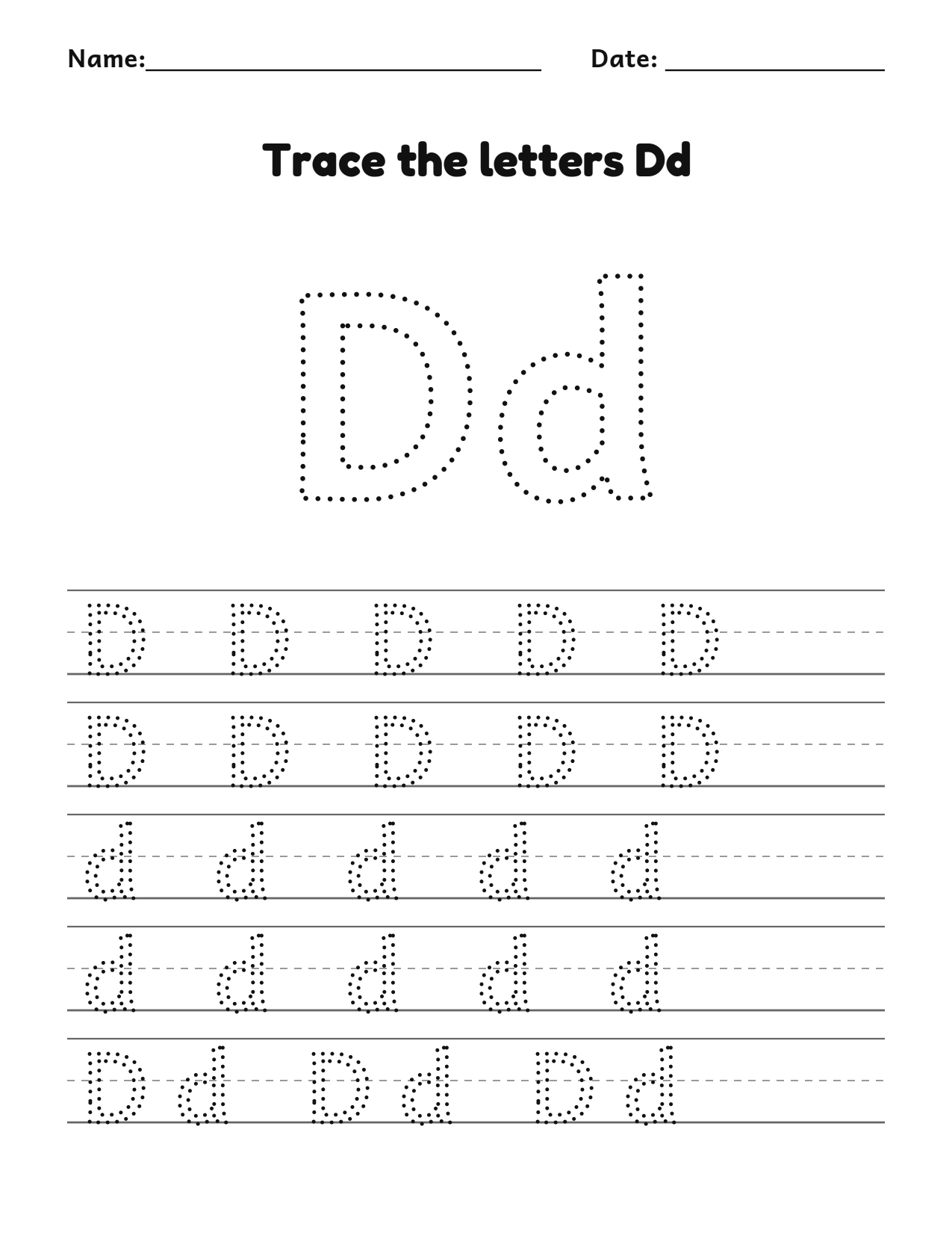 Trace the letters Dd worksheet with uppercase and lowercase writing lines