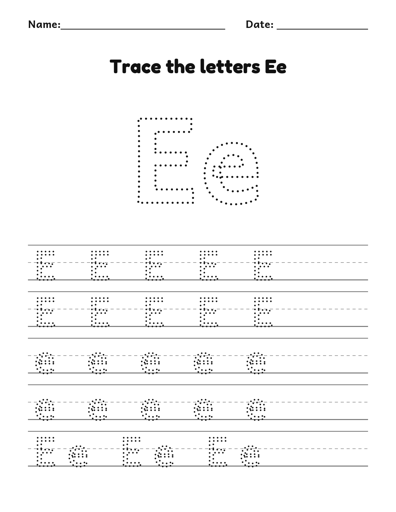 Trace the letters Ee worksheet with uppercase and lowercase writing lines