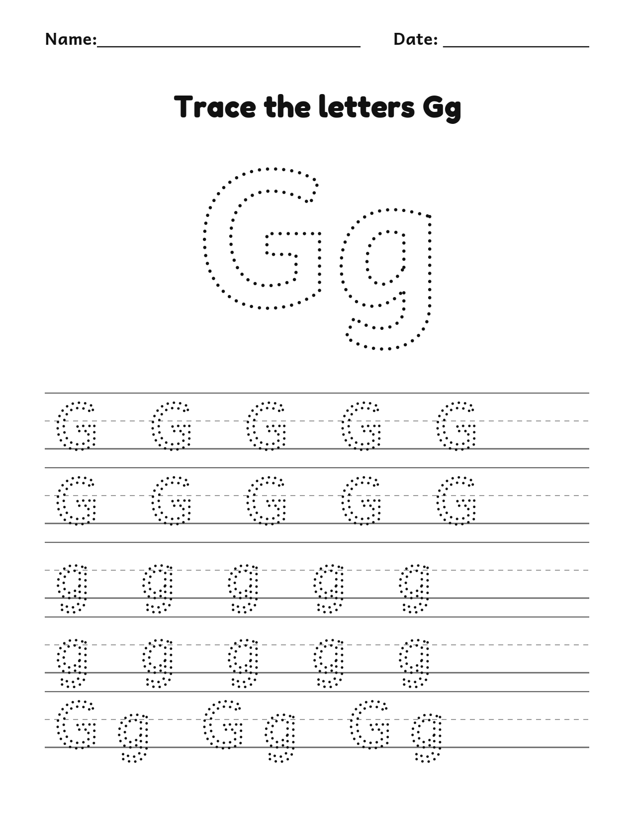 Trace the letters Gg worksheet with uppercase and lowercase writing lines