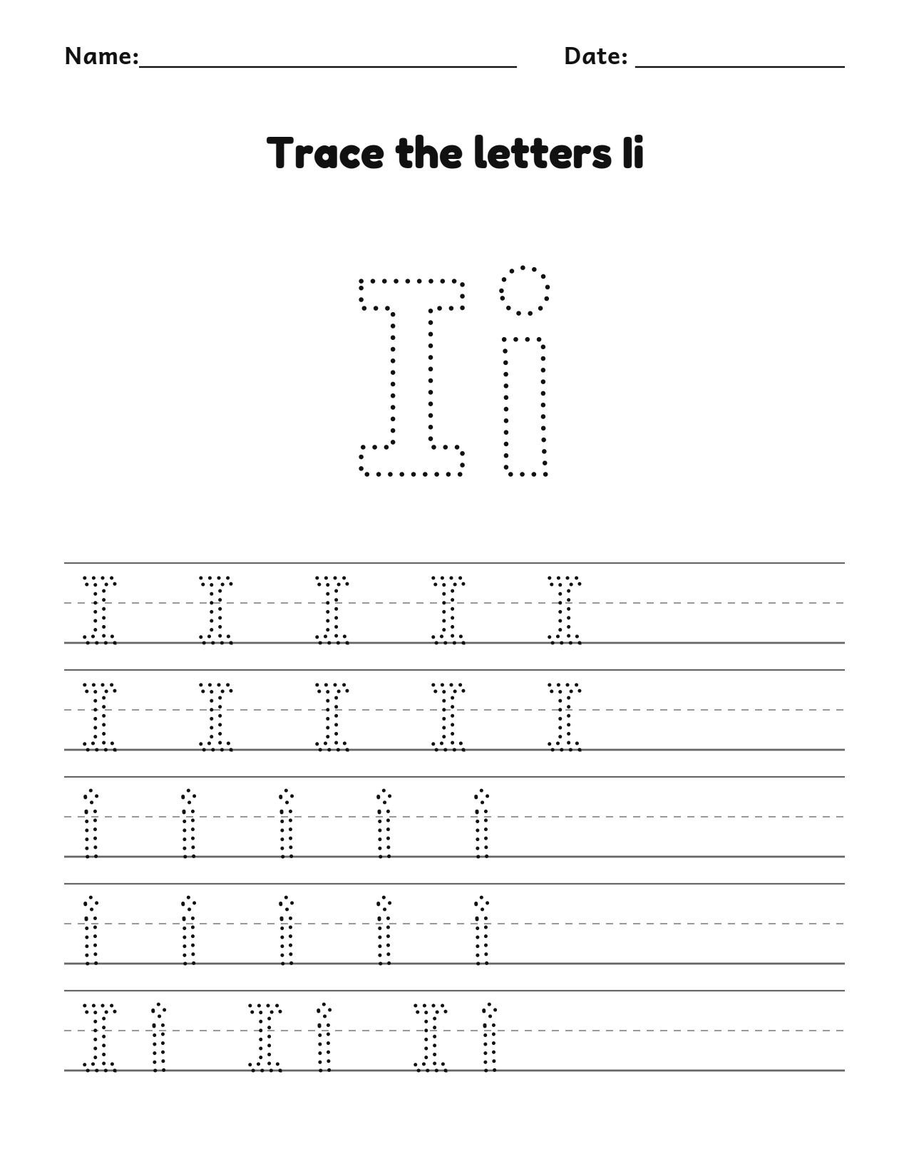 Trace the letters Ii worksheet with uppercase and lowercase writing lines
