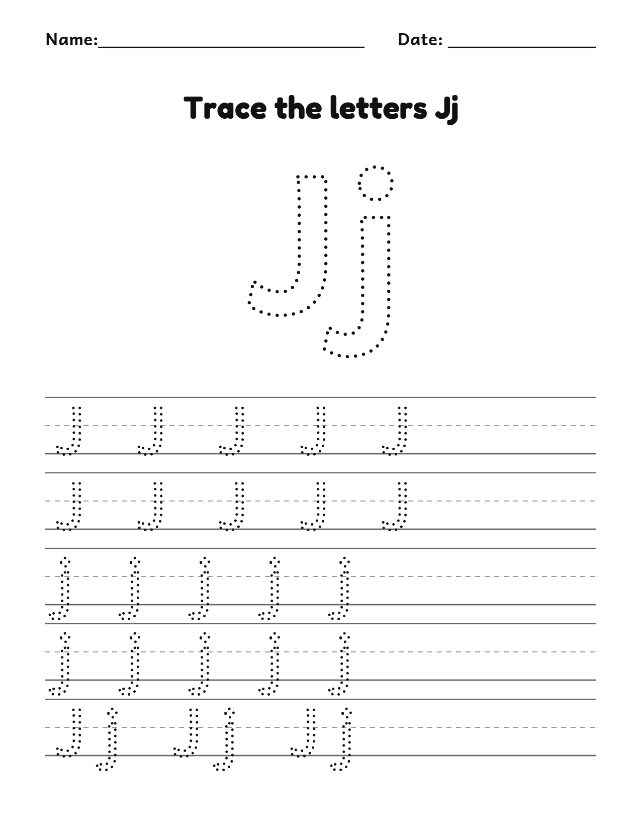 Trace the letters Jj worksheet with uppercase and lowercase writing lines
