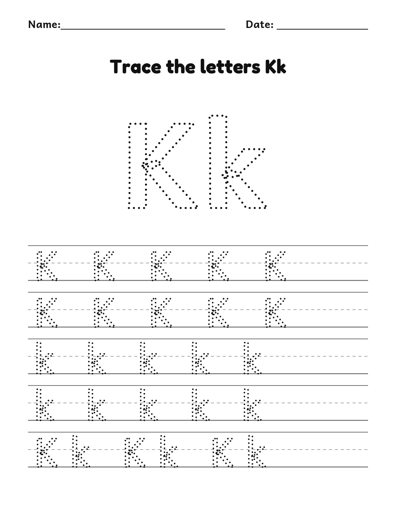 Trace the letters Kk worksheet with uppercase and lowercase writing lines