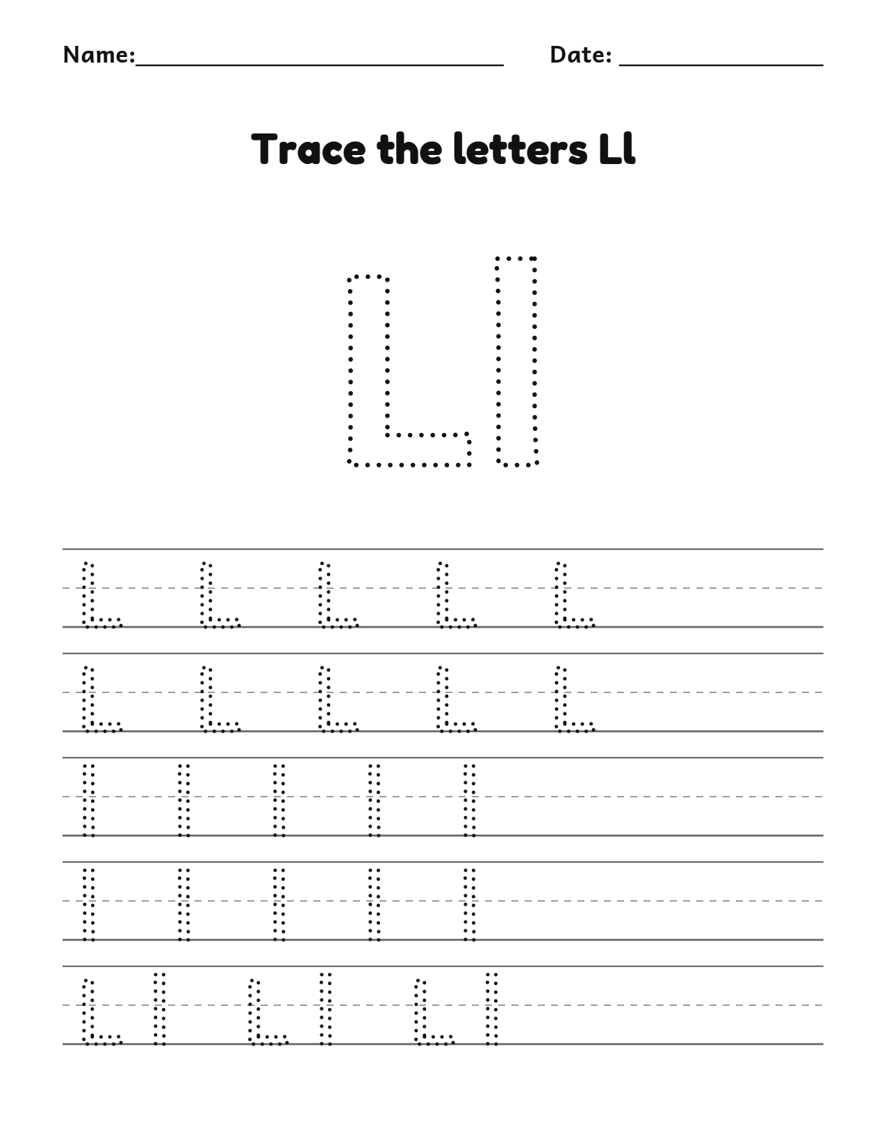 Trace the letters Ll worksheet with uppercase and lowercase writing lines