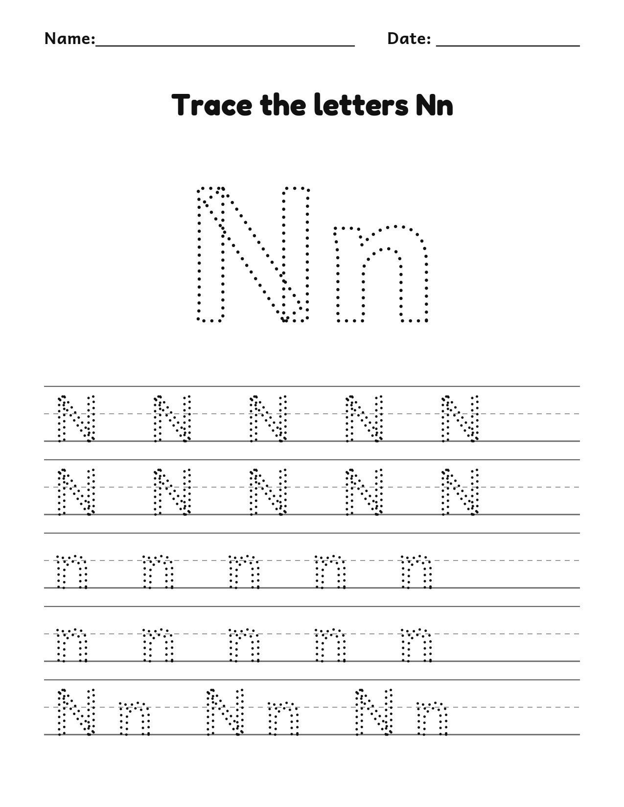 Trace the letters Nn worksheet with uppercase and lowercase writing lines